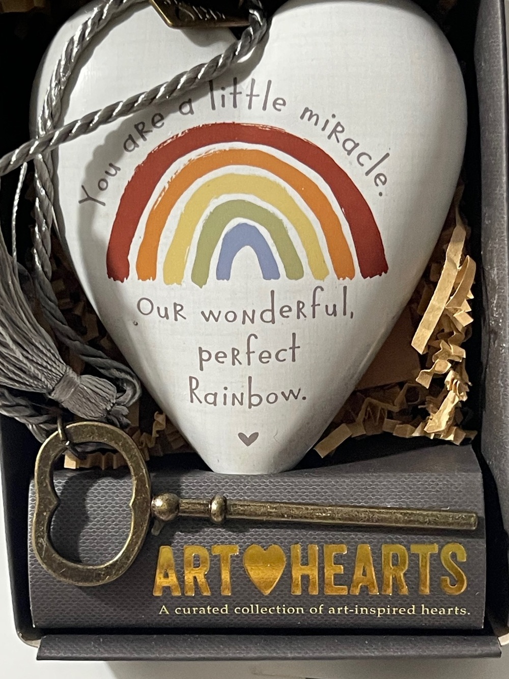 DEMDACO DDTraders Rainbow Baby Art Inspiration Heart with Key @ Tassels 4” NIB